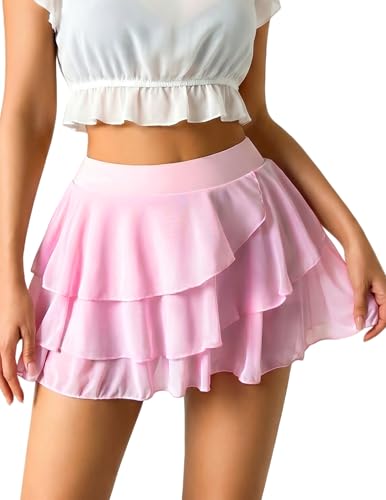 Avidlove Women's Pleated Mini Skirt with Shorts Sexy Layered Ruffle Pink S