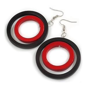 50mm D/Black/Red Double Circle Wood Hoop Earrings – 75mm Long