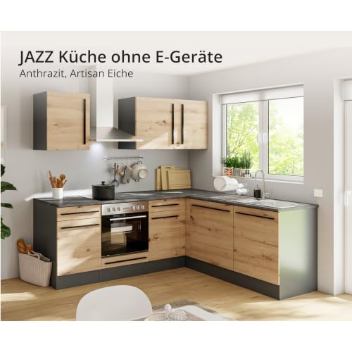 Jazz 8 Moderne Eckküche ohne Elektrogeräte in Anthrazit, Artisan Eiche Optik - Geräumige Küchenzeile in L-Form mit viel Stauraum - 220 x 211 x 60 cm (B/H/T)