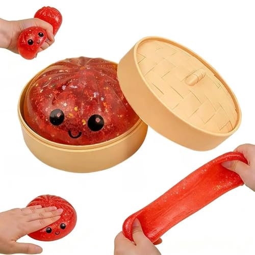 Squishy Dumpling Toy, Simulation Decompression Reusable Stress Relief Ball Glitter Prank Toy, Gift Easter Basket Stuffers Decoration, Squeeze Slow Rebound Novelty Gag Toy Steamed Bun (Red)