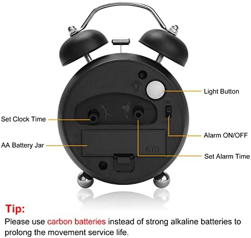 JUBORUI Retro Alarm Clock - Non Ticking Silent Alarm Clock with Night Light Battery Operated Twin Bell Bedside Clock, Old Fashioned Analogue Desk Loud Alarm Clock for Bedroom/ Travel/ Heavy Sleepers
