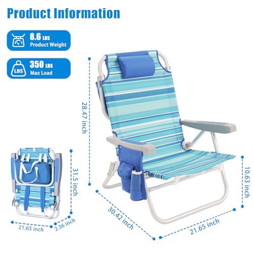 SUNNYFEEL Low Beach Chair 5 Position Lay Flat, Portable Folding Backpack Beach Chairs Heavy Duty with Cooler Bag, Cup Holder for Outdoor/Lawn/Picnic/Fishing, Foldable Camping Chair — view 3