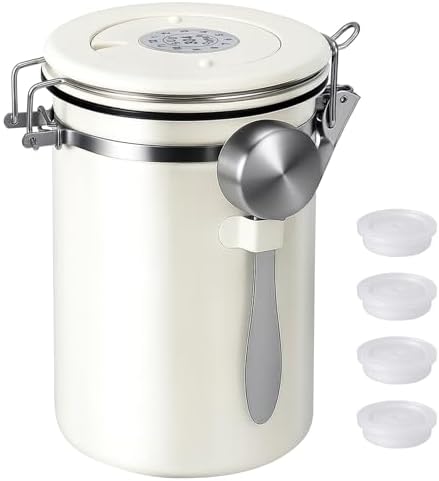 Beige stainless steel canister with a round date dial on the lid and a scoop hung on one side