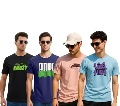 Image of Cotton Blend Regular Fit Half Sleeve Printed Round Neck Multicolor Drop Shoulder T-Shirt for Mens & Boys (Pack of 4)