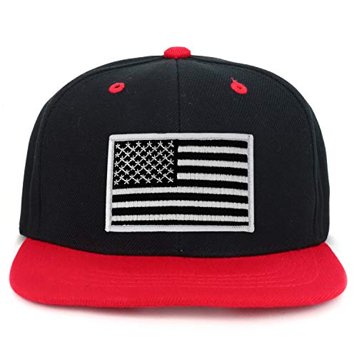 Armycrew Youth Kid's Black White American Flag Patch Flat Bill Snapback 2-Tone Baseball Cap - Black Red #TOP9