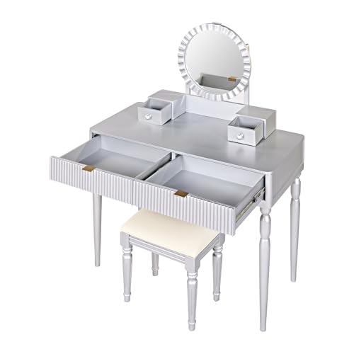Image of JIVOIT Vanity Desk with Round Mirror, Height-Adjustable, Luxury Vanity Set with Stool, Comfortable Seating, Stylish Dressing Table Set with 4 Drawers & Spacious Tabletop (Silver /268)