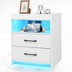 Nightstand with Charging Station and Ambient Light, Equipped with 2 Drawers and an Open Bedside Table, Modern Side Table, White
