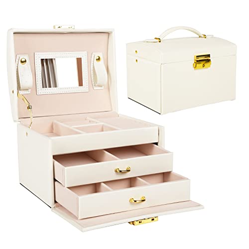 Astoryou - Organizador de caja de joyería con cerradura de 3 capas de piel sintética, soporte para joyas, collar, caja de almacenamiento, espejo incorporado para niñas y mujeres, regalo blanco Cover