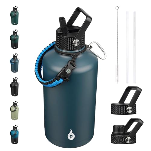 Image of BJPKPK 2 /3 Gallon Water Bottle with Straw Lid, 87oz Large, Stainless Steel Water Bottles with 3 Lids and Paracord Strap, Double Wall Vacuum Metal Jug, Navy Blue