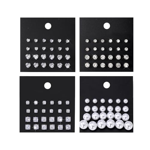 KISS WIFE Silver Stud Earrings Set for Women, Round Square Triangle Teardrop Shapes Pearl Clear Cubic Zirconia Stones Earring Packs Fashion Jewelry for Daily Wear Party Gift