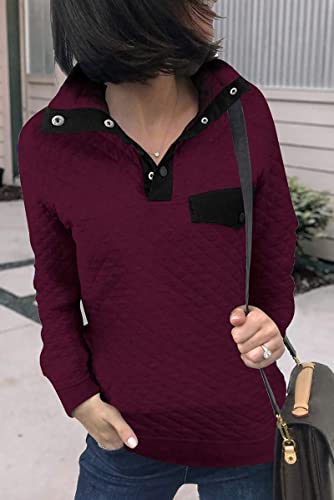 Btfbm Women Fashion Quilted Pattern Lightweight Zipper Long Sleeve Plain Casual Ladies Sweatshirts Pullovers Shirts Tops (Pure Wine Red, Small) #TOP2