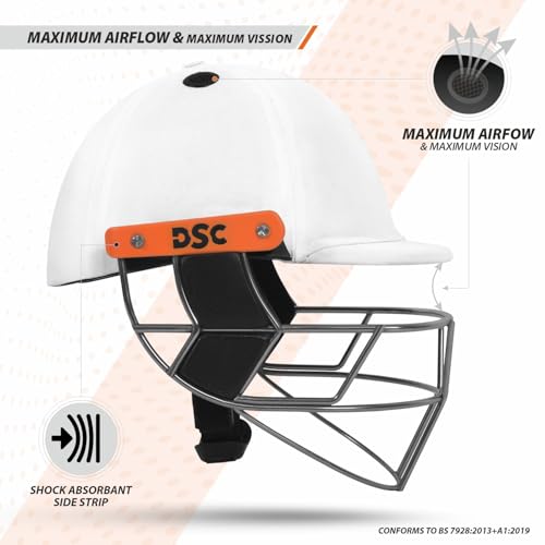 Image of DSC Empra Titanium BSI Approved Professional Cricket Helmet | BS7928 Certified Pro-Standard Hard Ball Helmet with Ultra-Light Titanium Grill & Advanced Shock Absorption | Color: White | Size: S