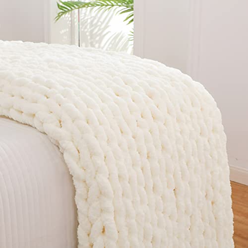 Yaapsu Chunky Knit Blanket Throw 51"X63", Soft Jumbo Chenille Throw Blanket, 100% Hand Knitted Throw Blankets For Couch Bed, Big Thick Yarn Cable Knit Blanket, Large Rope Knot Crochet Blanket (Ivory) #TOP5