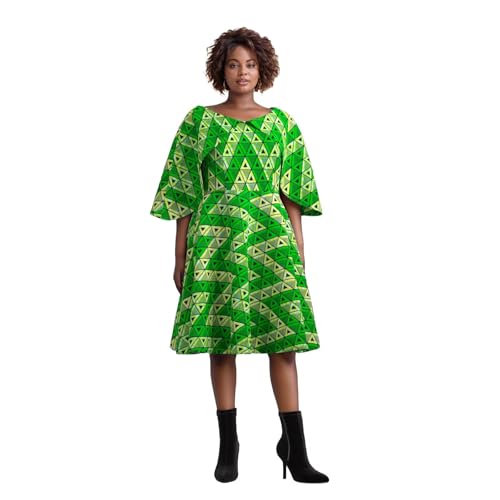 XUHOGU Robe en Polyester imprimé Africain | Robe mi-Longue à Ligne A pour Femmes en Wax avec Manches Cloche