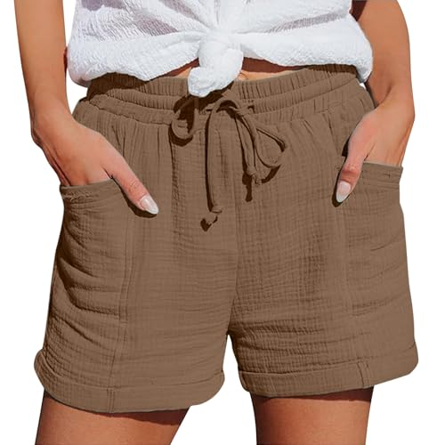 Generisch Pantalones cortos de muselina para mujer, pantalones cortos de algodón y lino, pantalones cortos, fitness, verano, con bolsillos, cómodos pantalones cortos de playa, ropa deportiva, café, XL