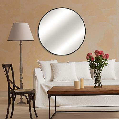 MORIGEM Round Mirror, 26" Large Wall Mirror, 0.7” Black Metal Frame Circle Mirror, Modern Premium Wall-Mounted Mirror for Bedroom, Bathroom, Living Room and More