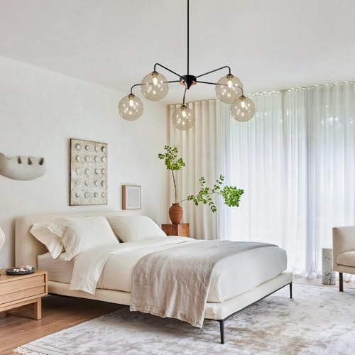 Image of 5 Light Black Sputnik Chandelier Mid Century Modern Chandelier with Cognac Clear Glass Globe Shade Pendant Light for Kitchen Dining Room