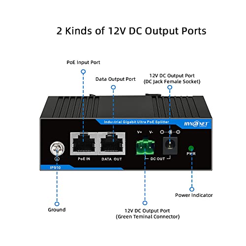 Image of Industrial Din-Rail 802.3bt 60W Gigabit PoE++ Splitter to 12V /4.25A Power Adapter for PTZ Cameras,Access Points