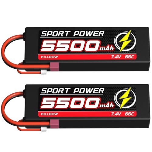 Hilldow 7.4V Lipo RC Battery 2S 65C 5500mAh Lipos Hard Case Batteries Rechargeable with Traxas Connector for 1/8 1/10 RC Car Trucks Remote Control Vehicles LKW Buggy Boats (2 Packs)