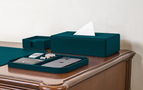 Image of V-CUBE Designs Premium Vegan Leather Executive Set of 6| Multipurpose Personal Desk Organizer| Desk Mat | Valet Tray| Tissue Holder | Pen Holder| Coaster | Mobile Stand for Office Table & Home - Teal