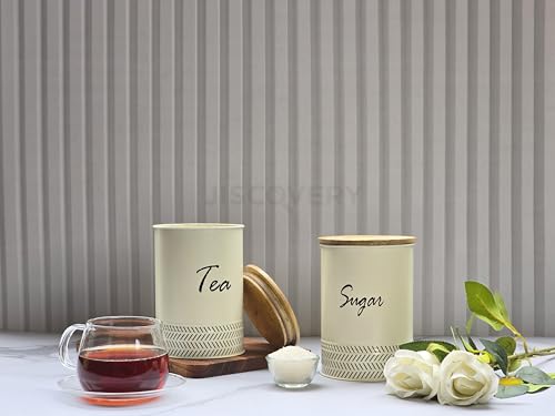 Image of JISCOVERY Airtight Tea & Sugar Container Set of 2| Metal Storage Canister with Wooden Lid for Kitchen| Storage Box for Kitchen Counter Top| 1300 ML| Ivory
