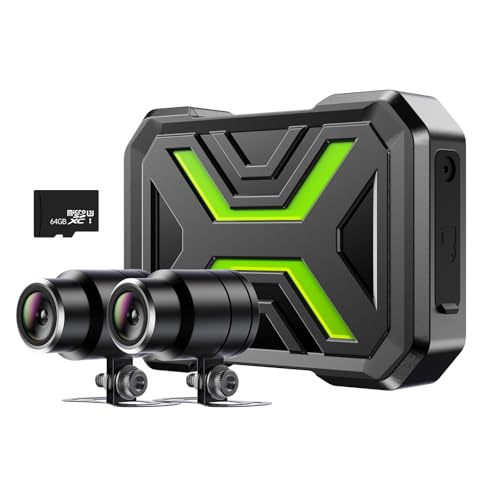 Motorcycle Dash Cam Front and Rear, Dual 1080p Dash Cam for Motorcycle with 64GB SD Card IP67 Waterproof, Loop Recording 24H Parking Monitor Night Vision with App Control Max Support 128 GB