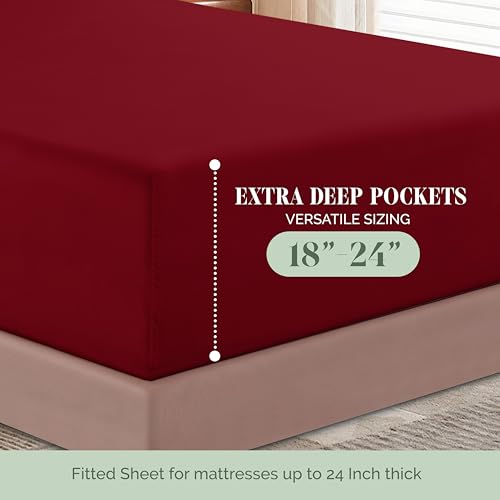 Image of Elegant Comfort Luxurious 1500 Premium Hotel Quality Microfiber 4-Piece Sheet Set, 18-24 Inches Deep - Extra Deep Pocket Sheets - Ultra Soft 4PC Deep Pocket Sheets, Full, Burgundy