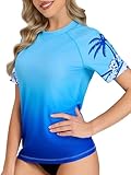 UV Shirt Damen Kurzarm UPF 50+ Schwimmshirt Rash Guard Badeshirt Schnelltrocknend für Wasser Surfen Blauer Farbverlauf-XL
