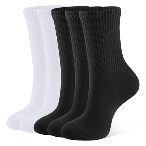 CLOSEMATE 5 Paar Tennissocken Damen Laufsocken Strümpfe Sportsocken Wadenstrümpfe Atmungsaktive Baumwollsocken Gekämmte Baumwolle Damensocken Crew Socks 2Weiß 3Schwarz Größe M 39-42