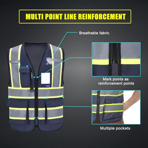AYKRM XS NAVY BLUE High Visibility Reflective Safety Vest for Women Men High Visibility Security with Pockets Zipper Front Meets ANSI/ISEA Standards - Image 5
