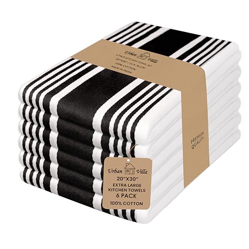 Urban Villa Kitchen Towels 100% Cotton Pack of 6, Highly Absorbent Quick Drying Super Soft Premium Dish Towels for Kitchen with Hanging Loop Hand & Tea Towels - 20x30 Inch, (Black & White, Striped)