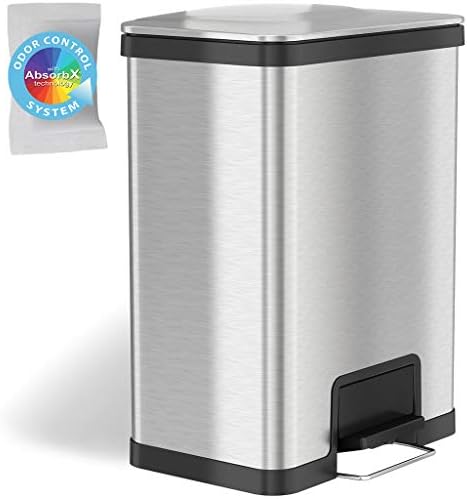 iTouchless Airstep 13 Gallon Step Pedal Trash Can with Odor Control System, Commercial Grade Stainless Steel Kitchen Garbage Bin for Home and Office, Silent Lid Open and Close