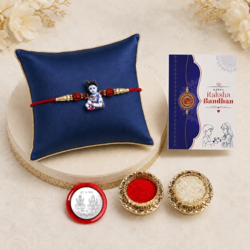 Image of Oblivion Rakhi For Brother - Elegant Stylish God Designer Rakhi with Beads and Silver Colour Pooja Coin, Tilak Set & Greeting Card - Traditional Raksha Bandhan Combo for Bhai