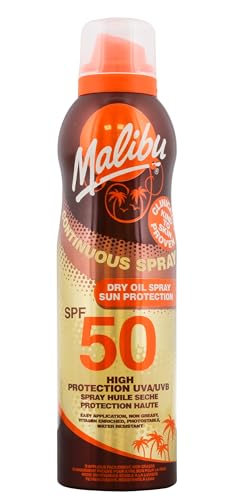 Malibu Sun SPF 50 Continuous Dry Oil Spray for Tanning, Vitamin Enriched Moisturising Body Oil Mist, Water Resistant, 175ml