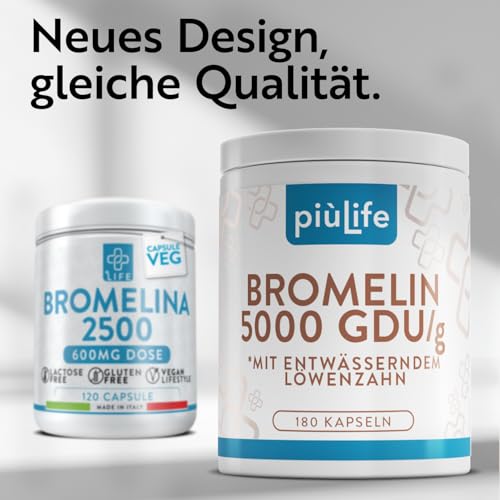 Bromelain Hochdosiert 10.000 F.I.P/g | 5.000 GDU/g PiùLife, 180 Kapseln mit drainierendem Löwenzahn, Verdauungsenzym, Ananas Enzym Komplex, Bauchschwellungen, Mikrozirkulation – Bild 3