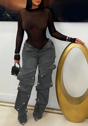 NRTHYE Women Cargo Jeans High Waisted Straight Wide Leg Jeans Pants Button Detachable Denim Cargo Trousers4