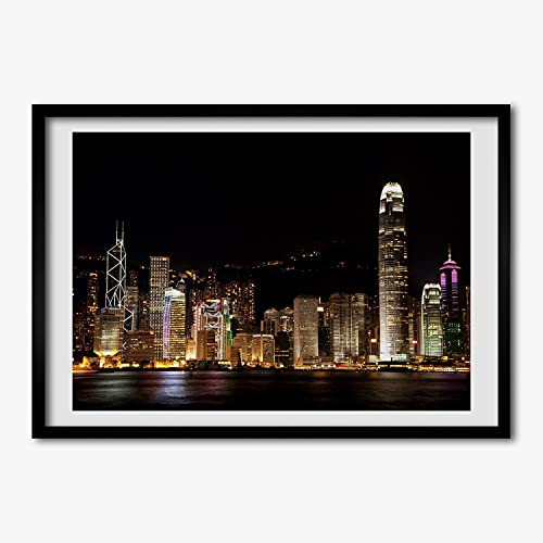 Cadre photo Hong Kong de nuit 70x50 cm : illuminez votre salon avec ce grand tableau moderne en bois