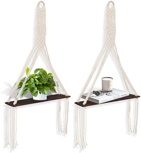 2 Pack Macrame Wall Hanging Shelf,Boho Wooden Display Floating Sh...