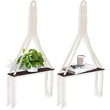 2 Pack Macrame Wall Hanging Shelf,Boho Wooden Display Floating Shelves with Handmade Woven Rope,Rustic Wood Floating Storage Shelf,for Living Room Hanging Plants Photos