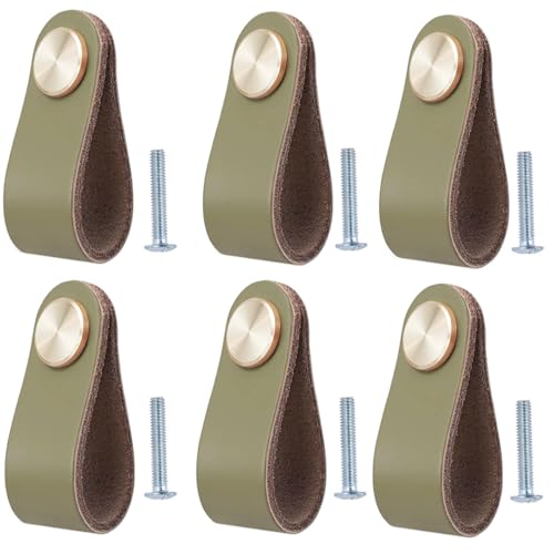BOOLSFMAM 6 maniglie in pelle per mobili, 6,4 x 2,5 cm, fatte a mano, per mobili, in pelle, per cassetti, armadi, colore verde