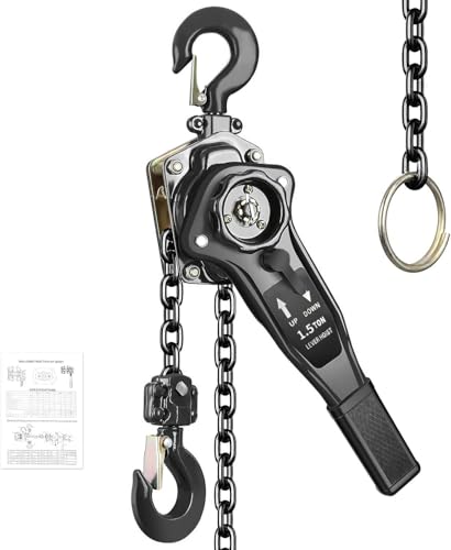 Manual Lever Chain Hoist 1.5 Ton 3300 lbs Capacity 10 FT Come Along, G80 Carbon Steel with Double-Pawl Brake,360° Rotation Hook, for Garage Factory Dock (Lever Chain Hoist 1.5T/3m)