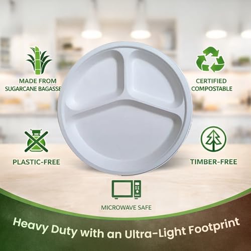 Image of Eco Aaroyaa 9-Inch Bagasse 3-Compartment Plates - Eco-Friendly Disposable Sugarcane Plates, Strong Oil & Water Resistant Section Plates for Meals, Parties, Catering, Events & Food Serving (Pack of 25)