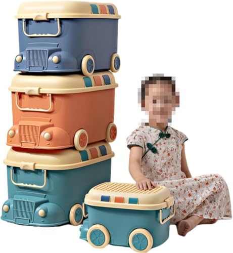 収納ボックス おもちゃ箱 車の形 蓋とキャスター付き プラスチック 大容量 入れ かわいい 防塵防カビ 赤ちゃんのや衣類 雑貨プレゼント部屋 家庭用 かわいい小さな電車のベビー服のスナック部屋整理 家庭用 (ブルー,L 53*38*32.5cm)