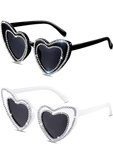 Konohan 2 Pairs Bride and Groom Heart Sunglasses Wedding Rhinestones Sunglasses Couple Gifts for Bridal Bachelorette Party(Black with Gray, White with Gray)