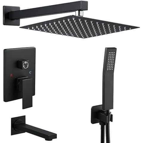 ROVATE Shower Faucet Set with Tub Spout Matte Black, 3-Function 10 Inch Bathroom Rain Shower System with High Pressure Rainfall Shower Head and Handheld, Tub Shower Faucet Sets with Rough-in Valve Cover