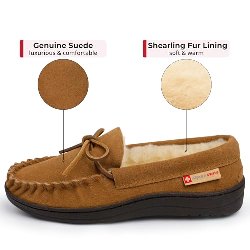 Image of Alpine Swiss Sabine Womens Moccasin Slippers Genuine Suede House Shoe Memory Foam Insole Plush Faux Shearling Fur Indoor Outdoor Anti-Slip Rubber Sole