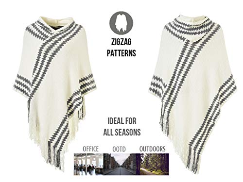 Ferand Women's Cozy Zigzag Poncho Sweater Lightweight Fringe Cape Cloak with Hood, One size, White - Thumbnail 4