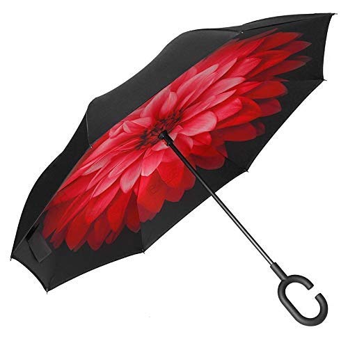 Modish Elements Innovative Double Layer UV Coated Inverted Reversible Large Black Umbrella, 125 cm Red Floral