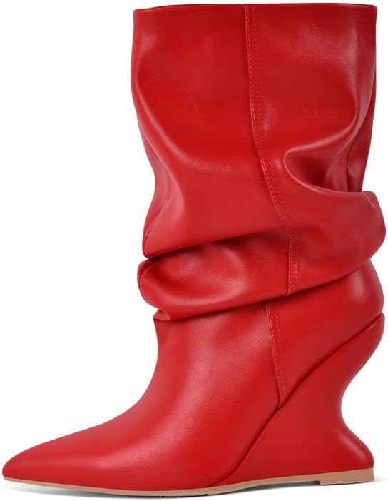 Women's Slouchy Mid Calf Boots Pointed Toe Pull On Wide Calf Wedge Booties Ruched Short Boots for Fall Winter Casual Dress