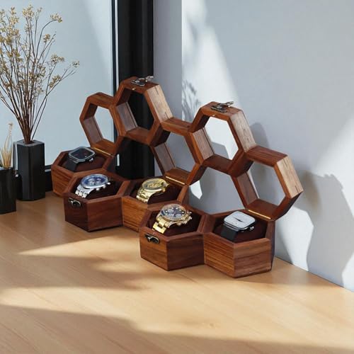 Image of Vintage Wooden Watch Box for Men, Timepiece Display Case, Honeycomb Watch Storage & Organizer, Jewlery Box for Women, Anniversary Gift For Husband (5 Compartments)